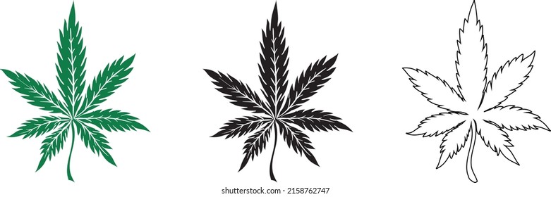 An illustration of three different simple cannabis drawings on a white background 