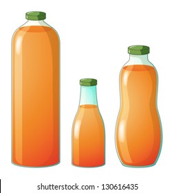 Illustration of the three different sizes of bottles with orange juice on a white background