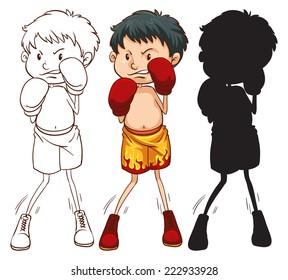 Ilustración de los tres bocetos diferentes de un boxeador sobre un fondo blanco 