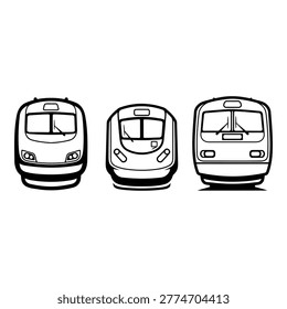 An illustration of three different train fronts in black and white, offering a unique perspective on public transportation vehicles, ideal for use in various media.