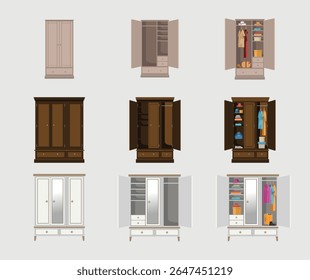 Una ilustración de tres tipos diferentes de armarios con fondo de confort que puede ser editable.