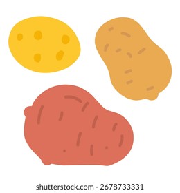 An illustration of three different types of potato in a simple flat design. Ideal for food, agriculture, or healthy eating themed projects.