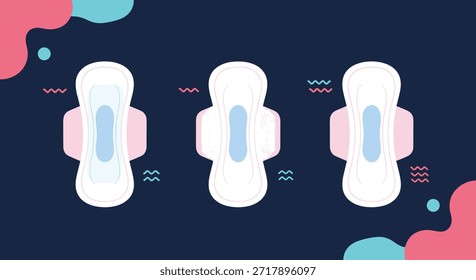 Ilustração de três tipos diferentes de almofadas sanitárias mostradas em um fundo azul escuro com formas abstratas decorativas.