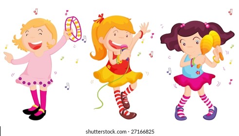 an illustration of three differnt girls making music