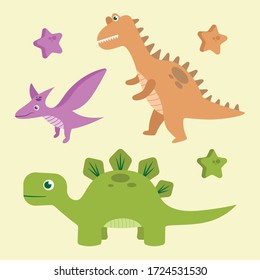 Illustration of three dinosaurs in flat style for any kids design theme