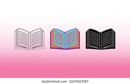 Illustration of three distinct book icon styles, featuring colorful and monochrome designs in an abstract layout against a vivid pink gradient background. Perfect for education, reading, creativity.