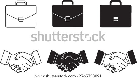 Illustration of three distinct briefcase designs and three handshake symbols, representing business and agreements