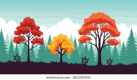 Illustration of three distinct deciduous trees with vibrant red and orange fall foliage against a forest silhouette