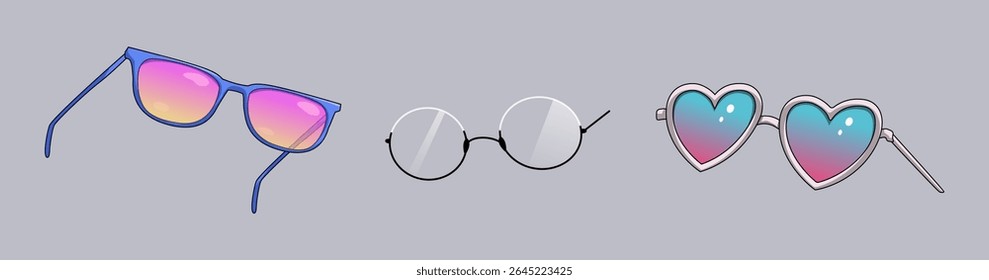 Illustration of three distinct sunglasses. Vibrant designs featuring colorful lenses. Includes heartshaped frames. Ideal for summer fashion ideas.