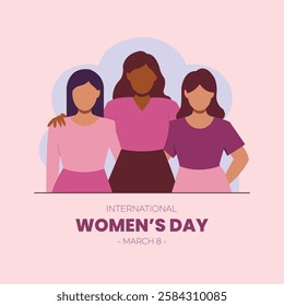 Illustration of three diverse women standing together, symbolizing unity, strength, and empowerment. Perfect for International Women's Day, feminism, equality, and women’s rights campaigns.