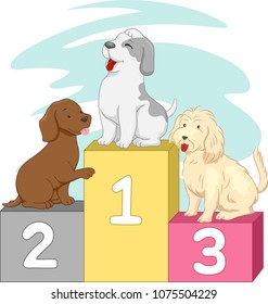 Ilustración de tres perros sentados en el podio de los ganadores numerados de uno a tres