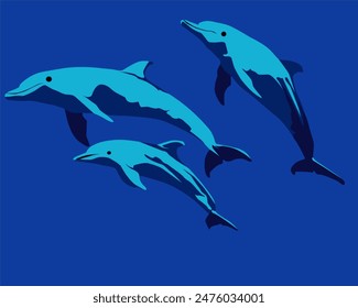 illustration of three dolphins swimming in the deep sea