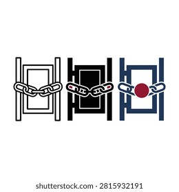 Illustration of three doors with chains and locks, representing security, restriction, and freedom concepts