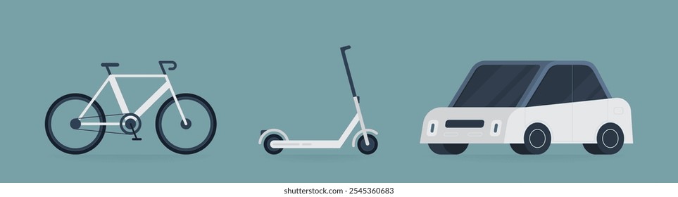 Ilustração de três modos de transporte eco-friendly bicicleta, scooter elétrico e carro elétrico. Design para tópicos sobre mobilidade sustentável, impacto ambiental e soluções de transporte. 