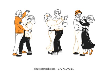 Ilustração de três casais idosos dançando alegremente. Cada par está graciosamente engajado em dança, mostrando afeto e felicidade na arte de linha simples