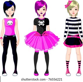 Illustration of three  Emo stile girls