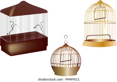 illustration with three empty birdcages isolated on white background