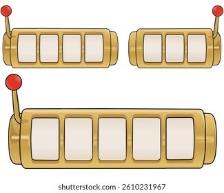 Illustration of three empty casino slot machines with red lever and gold details. Simple cartoon design with white space for symbols. Ideal for gambling, luck, online casino concepts or graphic design