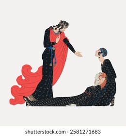 Illustration of three figures in ancient attire. A standing figure with a crown gestures towards two seated figures. Dramatic, historical scene with flowing robes. Vintage woman illustration vector.