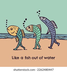 Ilustración de tres peces caminando por la playa. Representando el lenguaje: Un pez fuera del agua