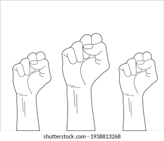 An illustration with three fists raised up. Hand outline. Isolated on white.