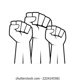 An illustration with three fists raised up. Hand outline. Isolated on white.
