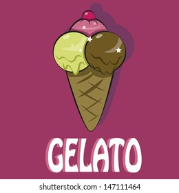 illustration of three flavors ice cream with cherry and waffle cone, text and pink background.