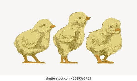 Illustration of three fluffy yellow chicks. The chicks are standing in a row, each with a slightly different posture. Cute and detailed chick drawing. Vintage animal illustration vector.