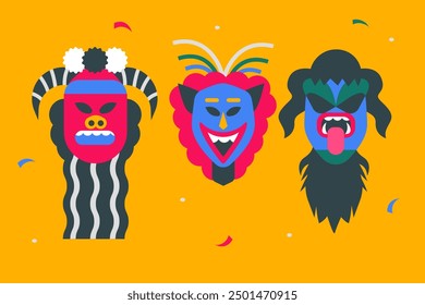 Illustration of three "Folia de Reis" masks: colorful, ornate designs representing Brazilian folklore, with traditional patterns and festive details. Reverly kings. 
