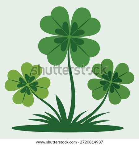 Illustration of three four-leaf clovers growing from grass, symbolizing luck and nature with a simple green color palette.