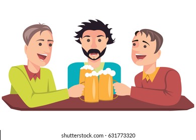 Illustration of three friends with beer in a bar. Isolated on white background. Vector eps 10