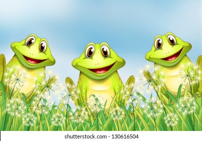 Illustration of the three frogs in the garden
