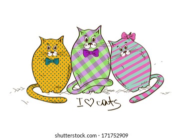 Illustration with three funny fat colorful patterned cats