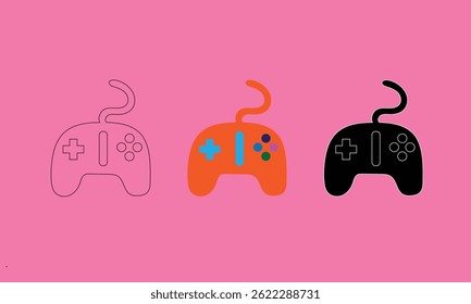 Illustration of three gaming controllers in a colorful and minimal design against a bold pink backdrop, representing technology, retro gaming, and creative digital artistry