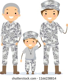 Illustration of Three Generation Family with Father and Grandfather Soldier