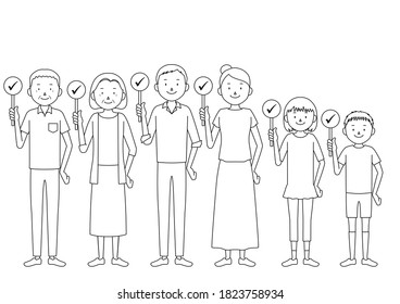 Illustration of a three generation family (grandfather, grandmother, father, mother, girl, boy set) with correct sign