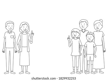 Illustration of a three generation family (grandfather, grandmother, father, mother, girl, boy set)