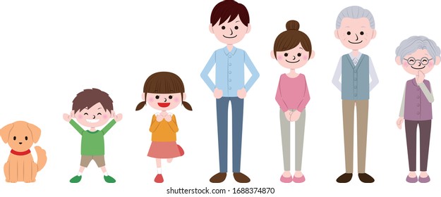 Illustration of three generation family and pet