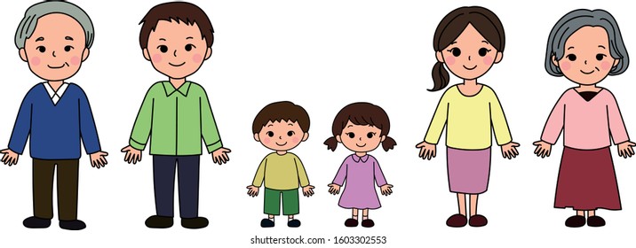 Illustration with three generations of family grandpa grandma dad mom boy girl