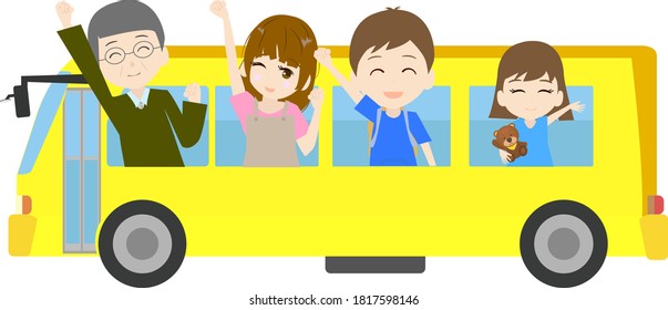 Illustration of three generations of a family having fun riding a bus