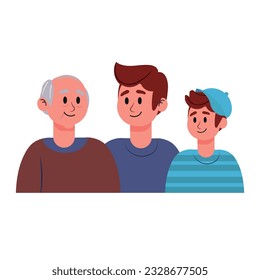 illustration of three generations, grandfather, father and son. Illustration for Father's Day. vector illustration.