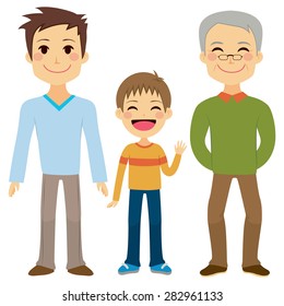 Illustration of three generations of men of different ages from child to young adult father and senior grandfather