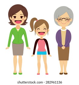 Illustration of three generations of women of different ages from child to young adult mother and senior grandmother