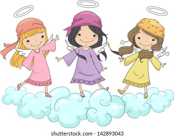 Illustration of Three Girl Angels with Head Scarves Standing on Clouds