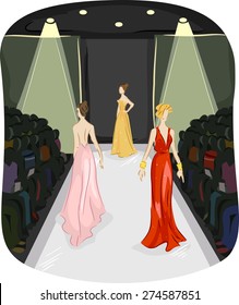 Illustration of Three Girls Modeling Long Gowns walking on a Runway