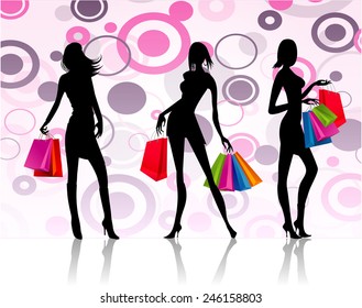 illustration of three girls with shopping handbags