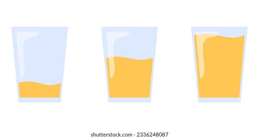 ilustración de tres vasos llenos de zumo de naranja de ligeramente relleno a completo