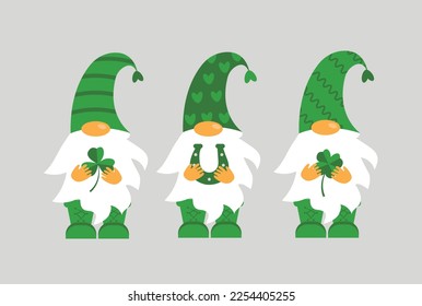 illustration of three gnomes with clover and horseshoe