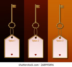 Illustration of three golden keys with keychains as a houses, on which the text fields to describe the options.