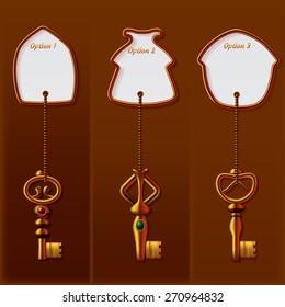 Illustration of three golden keys with keychains as a houses, on which the text fields to describe the options.